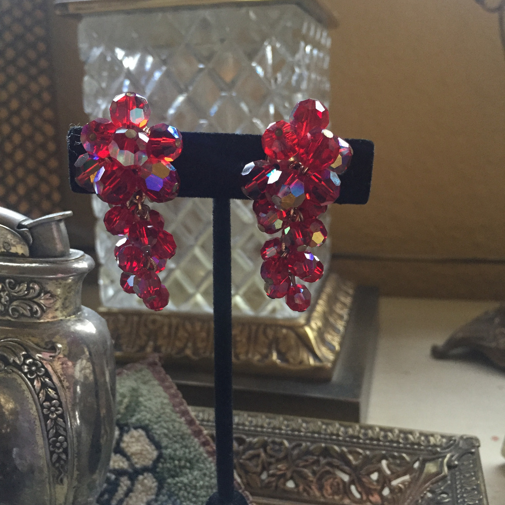 Vintage Ruby Red Crystal Dangle Earrings